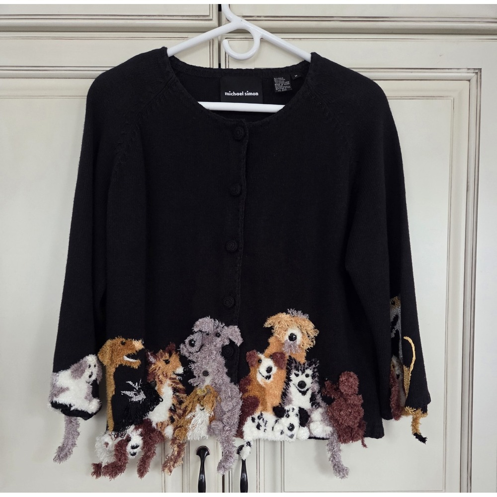 Michael Simon Black Dog Applique Button-Up Cardigan Sweater Women's M pet lover